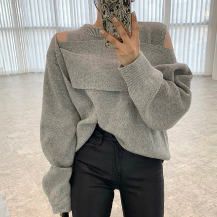 Wholesale 2026 Autumn Small Versatile Round Neck Layered Hollow Off Shoulder Splice Design Loose Long Sleeve Knitted Sweater