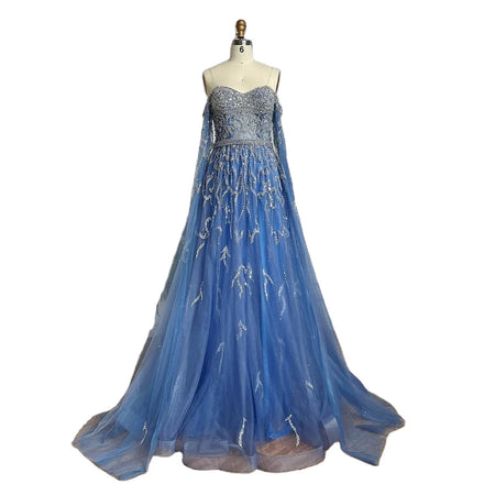 Blue A-Line Off Shoulder Cape Sleeves Beaded Evening Dresses Serene Hill LA71836 Elegant Party Gowns for Women Rts