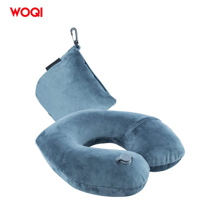 WOQI New Fashion U Shape Foldable Auto Inflatable Travel Neck Pillow With Blindfold Earplugs and Bag