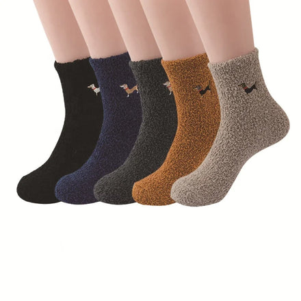 Wholesale Funny Dachshund Embroidered Brown Fluffy Socks Men Warm Microfiber Fuzzy Plush Socks
