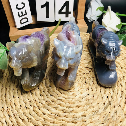 Druzy Agate Tiger Crystal Animal Carving Agate Tiger With Amethyst Druzy for Decoration