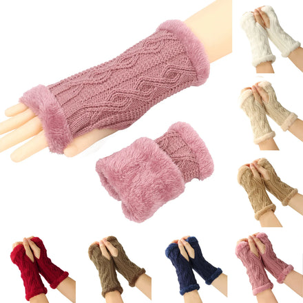 Women's Winter Solid Cable Acrylic Fingerless Gloves Hand Crochet Thumbhole Fuzzy Lined Knit Wrist Warmer Mittens Sports Daily