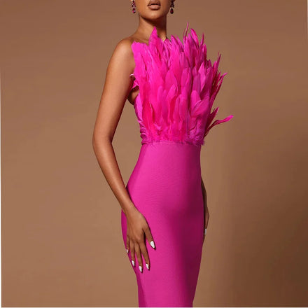 China Manufacture Women Dress Feathers Sleeveless Midi Evening Dress Formal Dress Women
