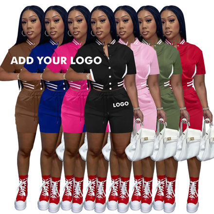 Wholesale MOQ 20 Custom Logo Casual Women Summer Short Sleeves Jacket Sets Two Piece Set Women Summer Clothing 2023 Shorts Set
