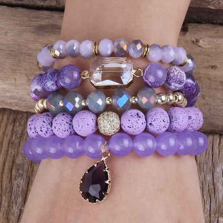 Fashion Customized Bracelet Jewelry 5pcs Natural Gemstone Purple Lava Amythst Crystal Glass Elastic Stack Bracelet Set