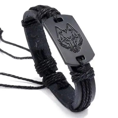 Punk Jewelry Men Multi -layer Woven Black Leather Wolf Head Bracelet