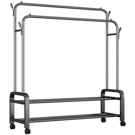 Multifunctional Double Rod Portable Clothing Hanging Garment Rack Commodity Shelf Wheel Home Metal Organizer for Shoes Bags Move