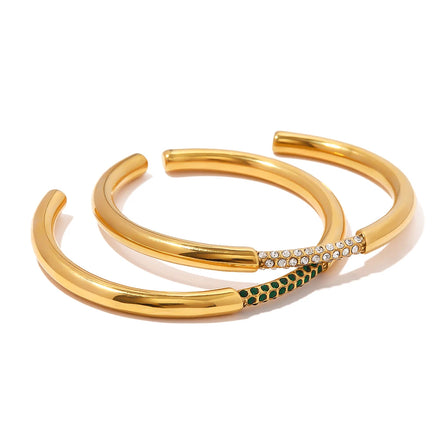 Ins 18k Gold Plated Stainless Steel Bracelet Jewelry Party Gift Opening Green White Cubic Zirconia Bangles