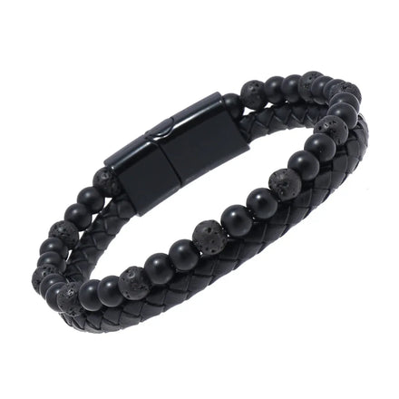 Natural Stone Beaded Leather Woven Clasp Bracelet Volcanic Stone Hematie Beaded Bracelets Mens Black Lava Rock Bracelet