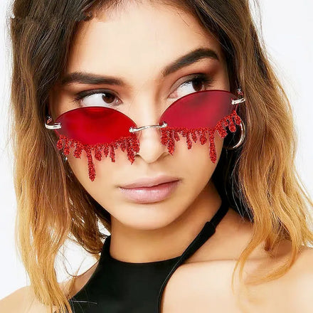 2025 Custom Logo Fashion Small Frame Punk Diamond Sun Glasses UV400 Rimless Tear Shape Rhinestone Sunglasses Women