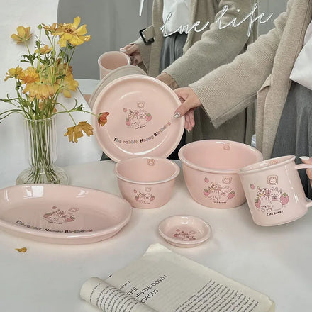 Ins Style Cute Cake Bunny Girl Heart pink Cutlery Bowl Combination Home Mug Set Gift