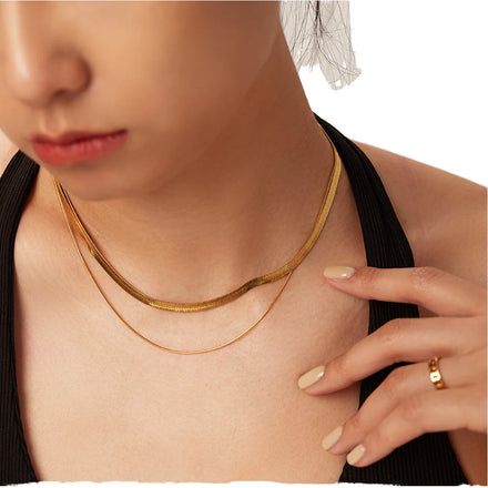 HOVANCI Women's Punk Double Layered Flat Snake Chain Choker Necklaces 18K Gold Plated Stainless Steel Trendy for Weddings Gifts