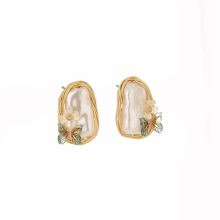 Creative Handmade Twisted Earrings Flower Butterfly Stud Earrings Baroque Pearl Earrings for Women