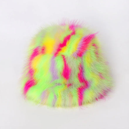 Multi-Colored Tie Dye Faux Fur Bucket Hat Winter Warm Thick Rainbow Fisherman Hat for Ski Party Daily Use Fishing Casual