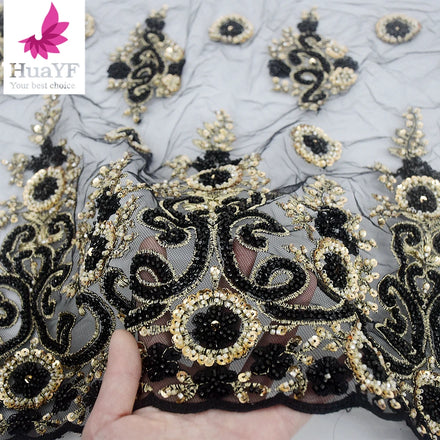 HY2339 Black And Gold Shiny Luxury Beaded Tulle Beaded Sequins Lace Pearls Border Fabrics