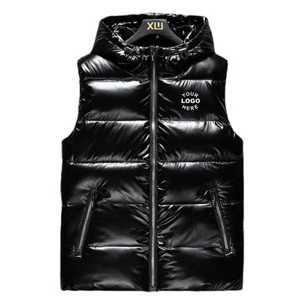 High Quality Hot Selling Winter Warm Sleeveless Gilet Bubble Jackets Custom Shiny PU Leather Hoodie Puffer Vest for Men