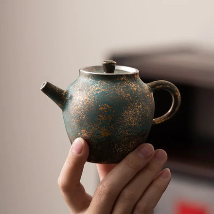 Evergreen Glaze Gold and Silver Color Leshan Pot Vintage Small Teapot Kung Fu Tea Set Hand Ewer Single Teapot Teakettle Tea Make