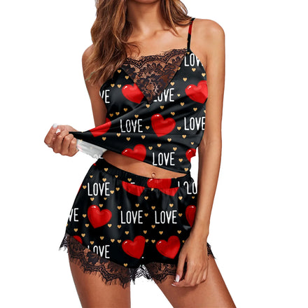 High Quality Casual Lounge Wear Lace Short Satin Pajama Love Printing Women Sleepwear for Valentine's Day
