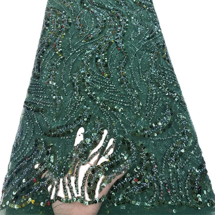 Green Beaded Lace Crystal Tulle Fabric Sequins Beads Embroidery Floral Lace Fabric for Bridal Dress