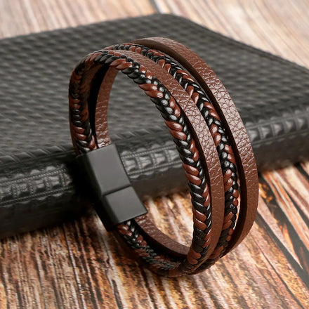 Trendy Mens Leather Bracelet With Magnetic Clasp Multi-layer Braided Leather Mens Bracelets Hot Selling