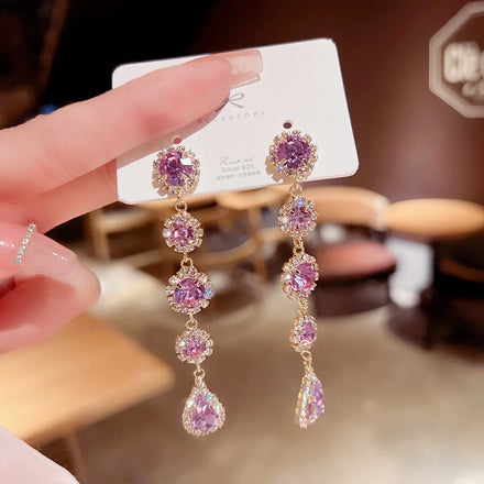 Korean Bling Rhinestone Chandelier Earrings Jewelry 925 Silver Needle Pink Crystal Tassel Earrings for Women Wedding
