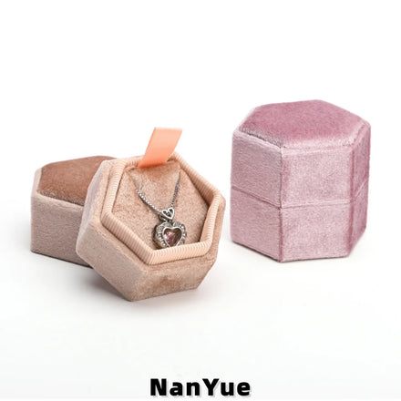 Wholesale Spot Small Solid Color Velvet Jewelry Gift Box Hexagon Shape Luxurious Valentine's Day Necklace Pendant Ring Packaging