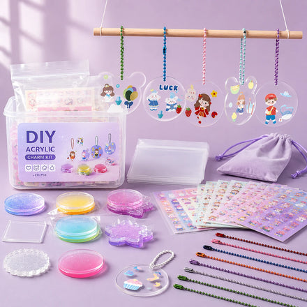 63Pcs Blank Acrylic Keychain DIY Material Set with Stickers Color Chains Self Sealing Bags for Craft Gift Shops