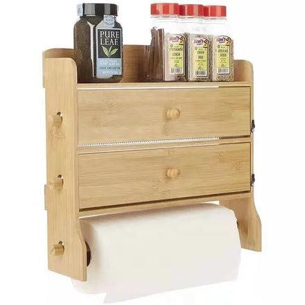 Bamboo Towel Holder Dispenser with Ziplock Wall-Mount Cling Foil Wrap and Kitchen Paper Bottle Storage Shelf Paper Organizer