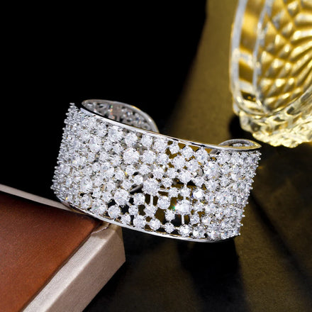Genuine Silver Color White Round Cubic Zirconia Big Wide Chunky Dubai Wedding Jewelry Bridal Cuff Bangle Bracelet for Women
