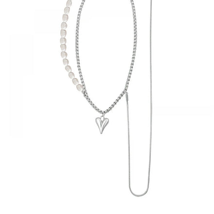 Fashion Stainless Steel Double Layer Splicing Chain Heart Pendant Natural Freshwater Pearl Necklace for Women
