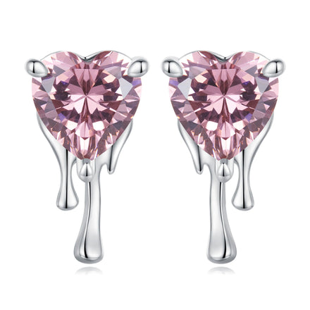 HOT 925 Sterling Silver Pink Crystal Heart Stud Wedding Earrings for Women Shiny Zircon Drop Earring Valentine Jewelry SCE1558