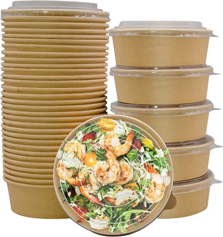 Factory Manufacturer Disposable Custom Logo Printing Food Packing Container Salad Bowls Kraft Paper Bowl With Paper PET Lid