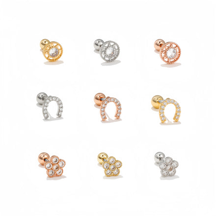 Fashion Women Gold Geometric Zircon Ear Bone Stud Gold Plated Brass Piercing Screw Ball Trend Flower Diamond Stud Earrings