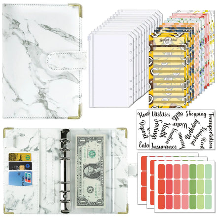 hotsale a6 budget binder set marble leather dairy notebook 6 ring loose leaf cash stuffing binder planner with zipper envelopes