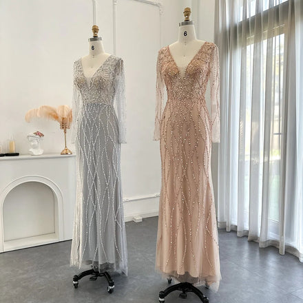 Jancember LSCZ14 Bling Sequins Long Sleeve V-neck Bridal Evening Prom Formal Dresses