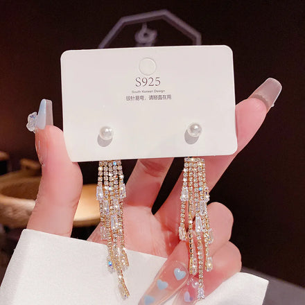 925 Silver Needle Earring Diamond Ear Jewelry Luxury Long Dangle Drop Earrings for Women Jewelry CZ Female Tassel Earrings