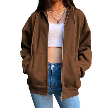 Fashionable Women Fleece Solid Hooded Korean Sweatshirts Long Sleeve Drawstring Pockets Loose Zipper Black Hoodies for Women
