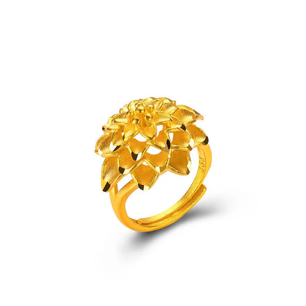 Vietnam Sand Gold Rose Hand Big Peony Flowers Jewelry Simple Brass Plated 24K Real Gold Flower Open Female Ring Ring