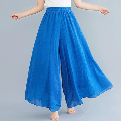 Wholesale Women's Wide Leg Loose Trousers Long Skirt Elastic Waist Linen Solid Color Swing Casual Long Pants