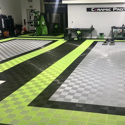 Rigid Modular Anti-Slip Interlocking Garage Floor Tiles Car Wash Drainage PP PVC Car Parking Carwash Garage Graphic Design
