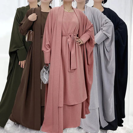 2022 Fashion Wear 3 Set Solid Color Muslim Dress Open Abaya With Inner Dress Islamic Clothing Middle East Turkey Dubai Ro