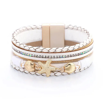 Fashion Multi-layer Leather Bracelet Ladies Starfish Bracelet with Magnetic Buckle Wide Bracelet