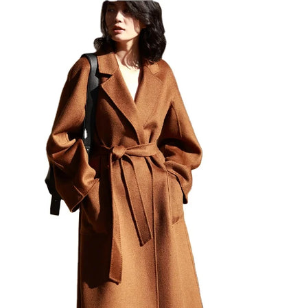 Elegant Style Real Wool Fur Collar Cuffs Women's Winter Overcoat Double Face Wool Polyester Lining Windproof