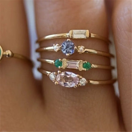 2024 New Trend Gold Plated Emerald Rings Simple Rhinestone Rings 4PCS Set for Women
