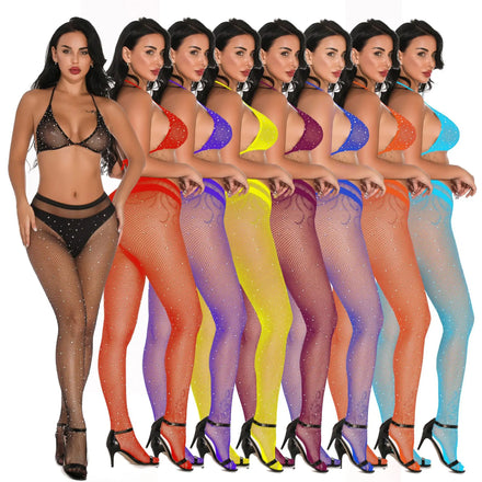 Sexy Fishnet Stockings Erotic Women Bodysuits Bling Neon Mesh Open Crotch Crotchless Tights Pantyhose Women's Sets Lingeries
