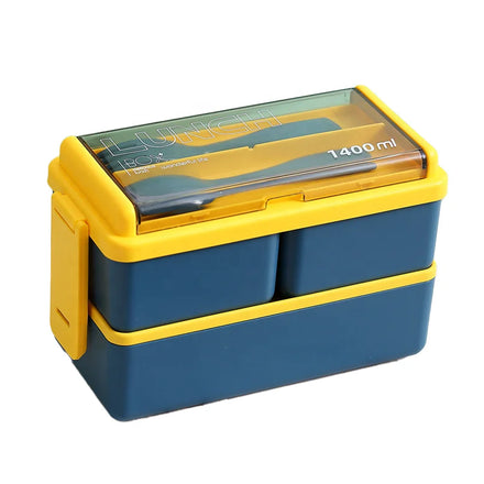 1400ml PP+Silica Gel Rectangle Shape Multi-color Microwave Safe Leakproof Double Layered Compartment Children's Lunch Box Set