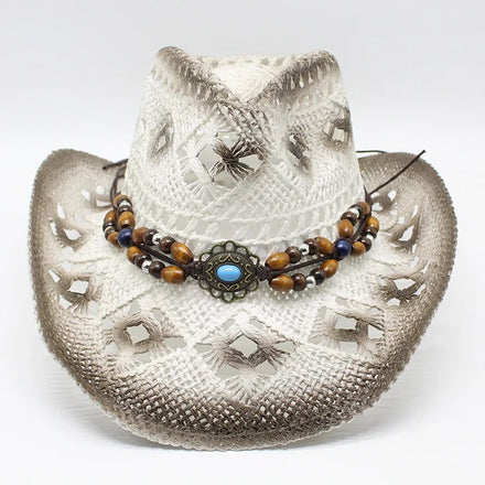 Wholesale Summer Sombreros Beads Decoration Hollow Out Printed Paper Straw Ombre Western Cowboy Hats for Women Men Beach Surfing