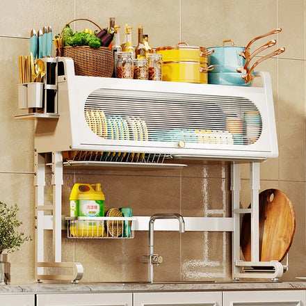 Black Standing Type Dish Drying Rack with Cover over the Sink Metal Kitchen Rack Easy Installation