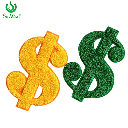 Factory Custom Applique Embroidered Eco-Friendly Chenille Resin Iron-On Patch with Dollar Sign Symbol for Hoodies Jackets