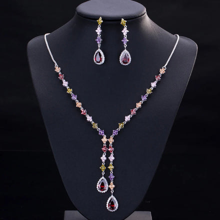 Fashion Mix Multicolor Cubic Zirconia Long Necklace and Earring Party Jewelry Set for Women Wedding Dress Accessories